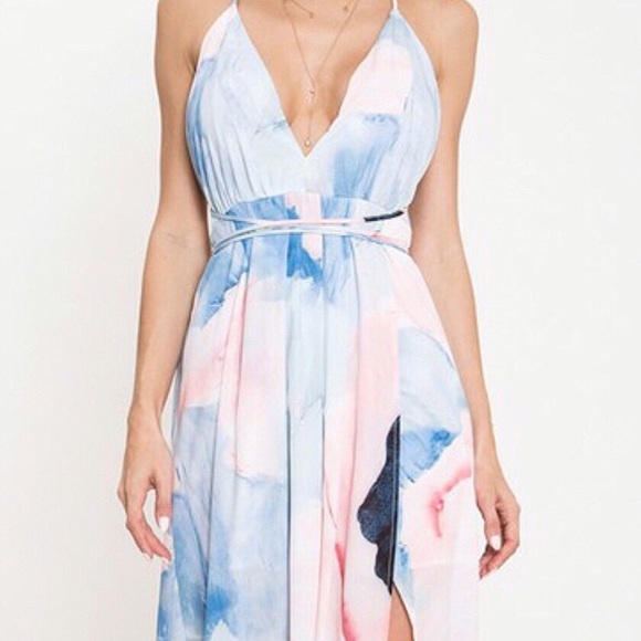 Marble Ink Drop Watercolor Plunge Maxi Dress - Picture 2 of 5